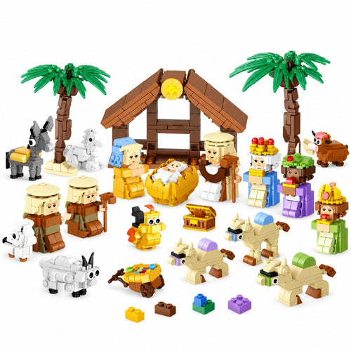 Belén de mini bloques armado: pesebre, Sagrada Familia, animales y palmeras