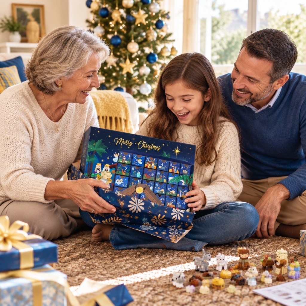 Familia recibiendo el calendario de Adviento del Belén como regalo